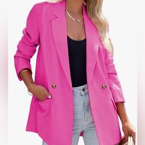 Pink Casual Blazer Button Lapel Long Sleeve Blazers Jackets Size XL Long